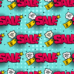 Seamless sale pattern. Comic Background for discounts, promotions and offers. Pop art title, lightning and stars. Vector illustration for showcase and trading floor decoration.