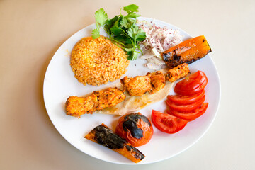Chicken wings barbeque in a dish with BBQ sauce . Izgara tavuk sis kanat.