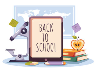 Back to school education poster pupil supplies equipment concept illustration. Vector design graphic element