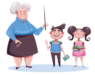 Teacher professor with school children student pupilds kids characters concept. Vector design graphic element illustration
