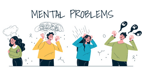 Mental psychology schizophrenia anxiety depressed mind disorder emotional stress depression concept isolated on white background set. Vector design graphic element illustration