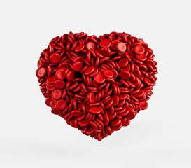 3d rendering of red blood cells in the shape of a heart isolated on white background