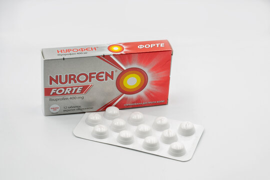 Nurofen Forte 400 mg pack closeup against white.