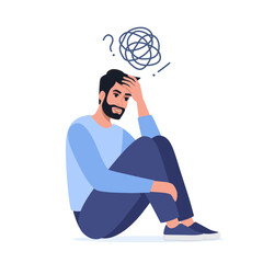 Depressed unhappy man sit on floor with tangled thoughts in head, man need psychological help. Mind health problem, mental disease. Vector Illustration.