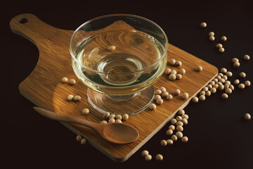soybean and bowl with oil on a wooden cutting board on black background, front view,selective focus.