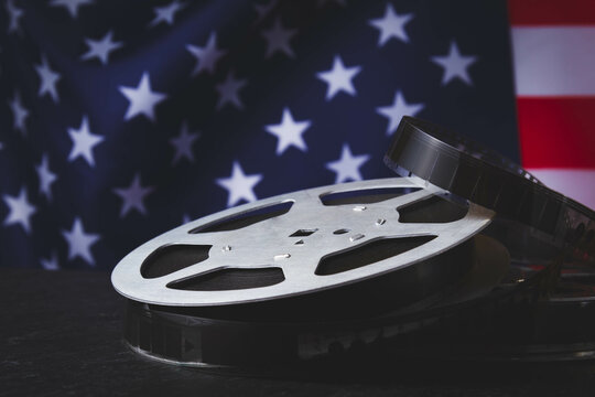 American cinema. Cinematography in the USA. Old film reel.
