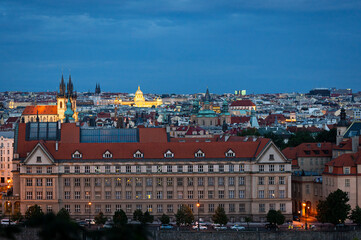 Old town of Prague during blue hour. In the foreground Faculty of Law, Charles University in Prague.