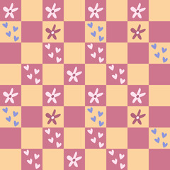 Simple geometric seamless pattern with flowers and hearts.
