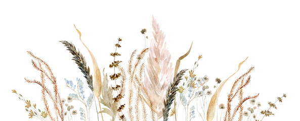 Wildflowers, herbs boho bouquet painted in watercolor. Dried pampas grass floral border, frame. Botanical boho elements isolated on white. Wedding invitation, greeting, card, print, scrapbooking © TanyaOak