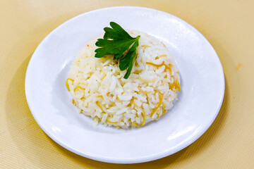 Traditional delicious Turkish food; Turkish style rice pilaf (Turkish name; Arpa sehriyeli. tavuklu, kuru fasulyeli, kavurmali pirinc pilavi)
