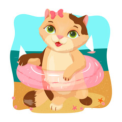 Cute cat on the beach. Inflatable swimming circle. Summer fun. Pet. Kitten. Vector illustration.