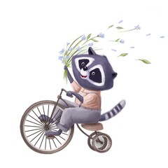 cute raccoon on bicycle with flowers watercolor illustration, holiday clipart with cartoon character