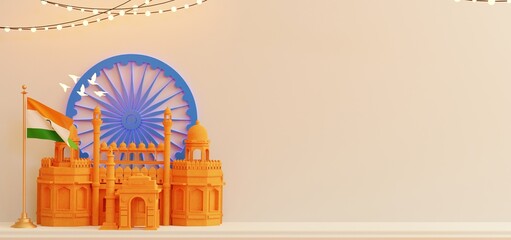 Happy Independence Day of India or republic day gift box, copy space text, 3D rendering illustration in white background - obrazy, fototapety, plakaty
