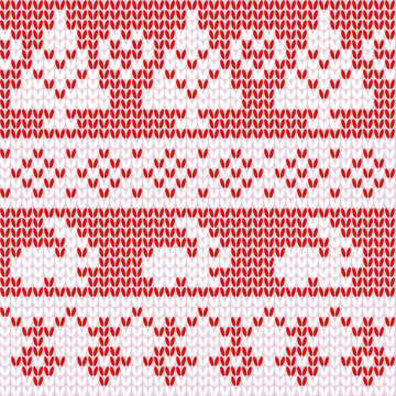 Scandinavian ornamental christmas knitted pattern, red and white snowflakes, rabbits, christmas trees	
