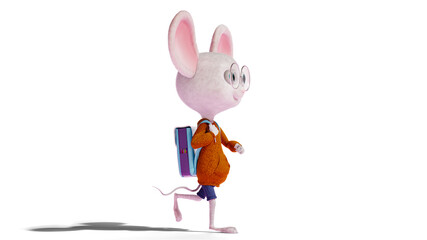 School boy goes to school, isolated on a white background. Cartoon character Mouse with backpack walking, 3d render. Back to school concept.