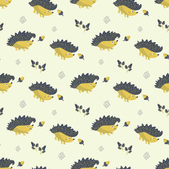 Cute vector spiky, prickly, hedgehog, acorn and oak leaves background. Cartoon kawaii mammal and fall foliage seamless pattern backdrop.Nature forest creatures and fauna repeat for children, education