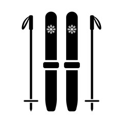 Skis and ski poles icon. Black silhouette. Vertical front side view. Vector simple flat graphic illustration. Isolated object on a white background. Isolate.
