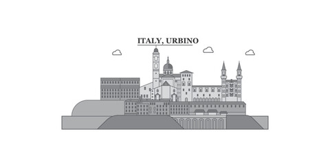 Italy, Urbino city skyline isolated vector illustration, icons