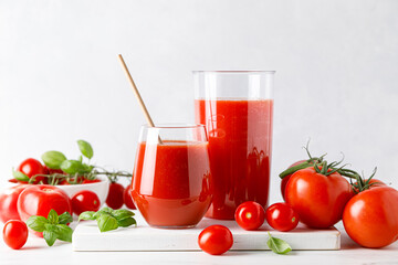 Tomato juice in a glass and fresh tomatoes