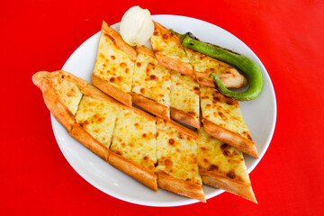 Turkish pita with minced cubed meat and cheese (Turkish name: Kiyma Kusbasi kasarli pide)