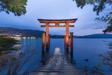 Gordijnen Torii of Hakone Shrine at Lake Ashi at night © eyetronic