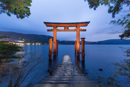 Torii of Hakone Shrine at Lake Ashi at night