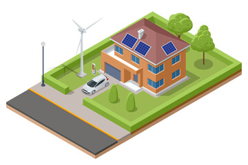Isometric Modern House with Solar Panels and Wind Turbines. Green Eco House. Energy Effective House