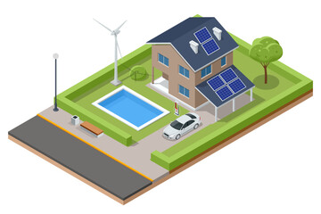 Isometric Modern House with Solar Panels and Wind Turbines. Green Eco House. Energy Effective House