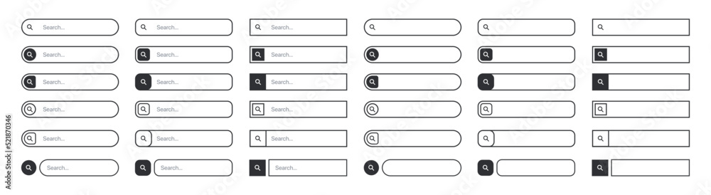 Poster Set of web search bars. Search bar, search boxes collection. Computer searched navigator. Set of elements for design interface of website, mobile app, UI UX.