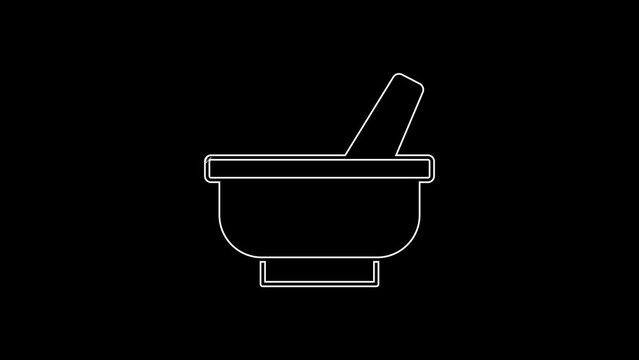 White line Mortar and pestle icon isolated on black background. 4K Video motion graphic animation