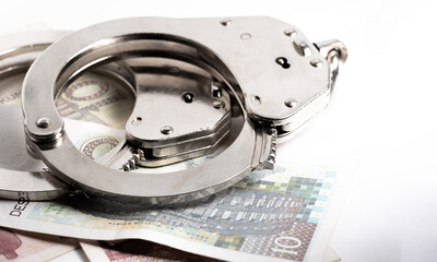Croatian kuna currency. Police handcuffs on Croatian kuna banknotes. Currency exchange, concept of economic crime in Europe. - obrazy, fototapety, plakaty