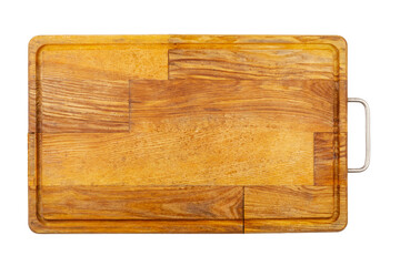 Old rectangular wooden cutting board, isolated on white background, top view. File contains clipping path.