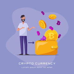 he inscription CRYPTO CURRENCY against the background of an illustration with a guy and a wallet into which bitcoin coins and bitcoin symbols fall
