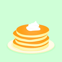 Simple pancakes on plate with cream in flat design on green background. Baking, breakfast concept. Vector illustration