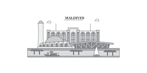Maldives city skyline isolated vector illustration, icons