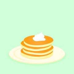 Simple pancakes on plate with cream in flat design. Baking, breakfast concept. Vector illustration
