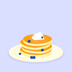 Simple pancakes on plate with cream and blueberries in flat design. Baking, breakfast concept. Vector illustration