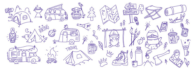 Hand drawn hiking illustration. Camping outdoor doodle set. Wild adventure equipment. Navigation and camp cartoon simple vector collection. - obrazy, fototapety, plakaty