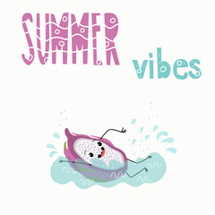 Set of vector illustrations of funny passion fruit, cartoon characters, with musical instruments, cocktail, juice, smoothie, fresh, lettering.