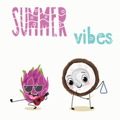 Vector illustration of funny characters, cartoon pitahaya, pitahaya, dragon fruit in sunglasses plays the guitar, ukulele. Coconut plays on the triangle. Lettering summer vibes.