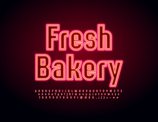 Vector electric sign Fresh Bakery. Bright glowing Font. Neon Alphabet Letters, Numbers and Symbols set