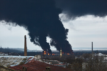 Russian guided rocket attacks on an oil refinery and adjacent oil storage facility in Odessa,...