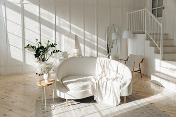 Stylish white living room with white leather sofa, comfortable wooden armchair, floor lamp, and...