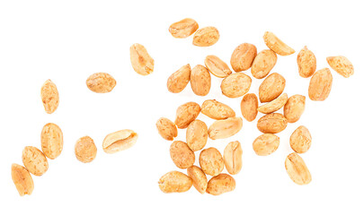Top view of roasted and salted peanuts isolated on a white background.