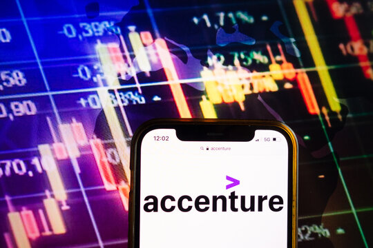 KONSKIE, POLAND - August 07, 2022: Smartphone displaying logo of Accenture plc on stock exchange chart background