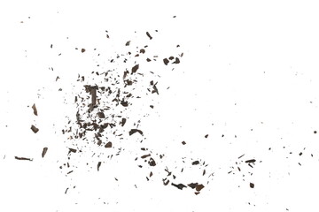 Explosion effect, burned, charred paper scraps, scattered isolated on white texture, top view