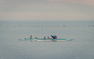 Fototapeta na wymiar Canoes and Cormorants