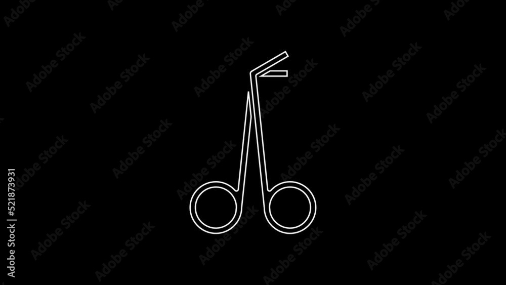 Sticker White line Medical scissors icon isolated on black background. 4K Video motion graphic animation