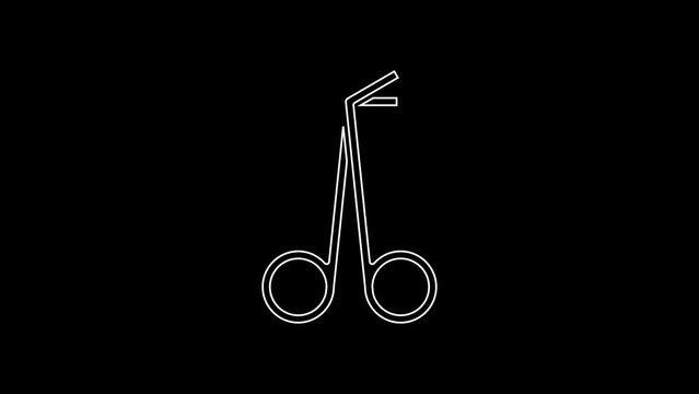 White line Medical scissors icon isolated on black background. 4K Video motion graphic animation