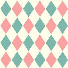 Seamless harlequin check pattern in pink, light blue and white. Vector geometric background